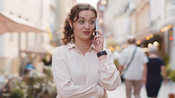 Happy Pretty Woman Having Remote Conversation Communicate Speaking Smartphone Handsome — Stock Video