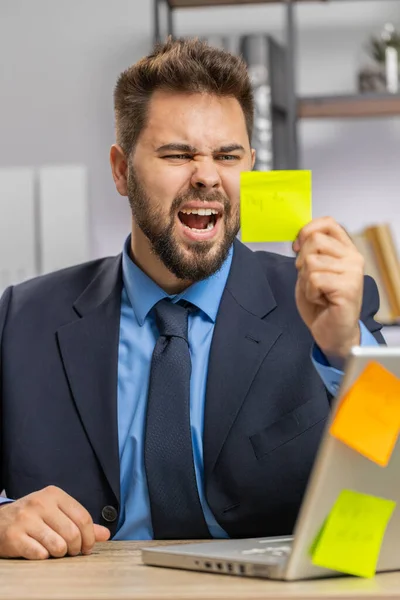 Tired Exhausted Caucasian Businessman Working Laptop Office Many Sticker Task — Stock Photo, Image