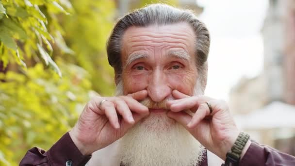 Portret Van Vrolijke Bebaarde Oude Man Lachend Vriendelijk Repareren Snor — Stockvideo