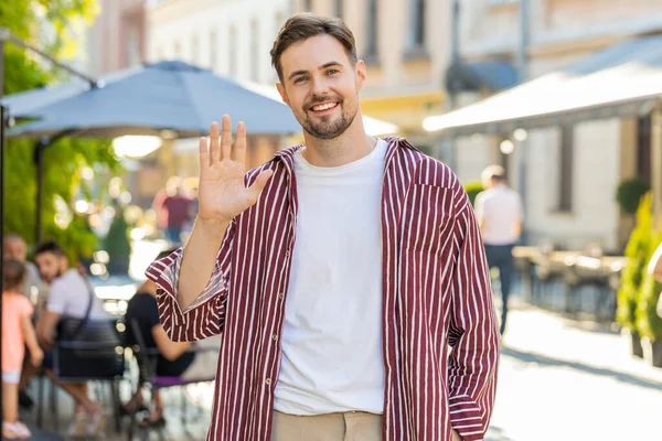 Brunette Bearded Man Smiling Friendly Camera Waving Hands Gesturing Invitation — Stock Photo, Image