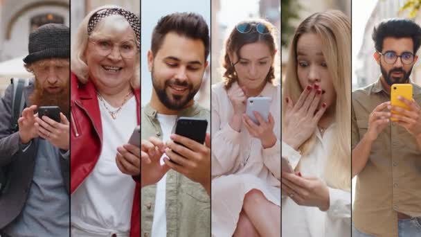 Collage Smilende Glade Mennesker Portrætter Forskellige Køn Forskellige Kulturer Aldre – Stock-video