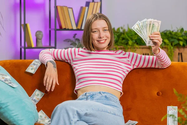 Successful Happy Rich Business Woman Girl Counting Money Cheering High — Stock Photo, Image