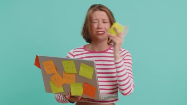 Exhausted Freelancer Woman Pasted Sticker Notes Use Laptop Computer Having — Stock Video