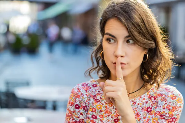 Shh Quiet Please Caucasian Young Woman Presses Index Finger Lips — Stock Photo, Image