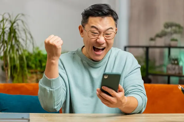 Happy Asian man use mobile smartphone typing browsing say wow yes celebrating success victory winning lottery jackpot goal achievement play game good positive news triumph. Guy at home in room on sofa