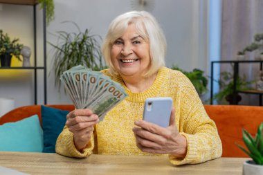 Aile bütçesi planlamak. Nakit para sayan mutlu yaşlı bir kadın akıllı telefon kullanarak evdeki faturaları hesaplıyor. Olgun, heyecanlı büyükannem gelirinden memnun ve planlanmış tatil hediyesi için para biriktiriyor.