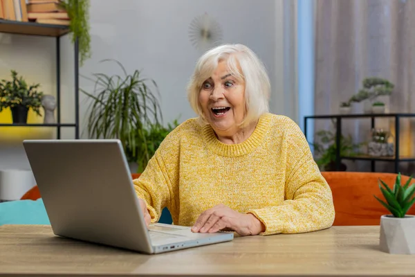 Happy senior old woman at home couch with laptop scream in delight triumph winner gesture celebrate success win money in lottery. Excited elderly mature grandmother get online good news message email