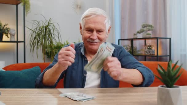 Planowanie Budżetu Rodzinnego Szczęśliwy Starszy Pan Liczący Pieniądze Gotówce Oblicza — Wideo stockowe