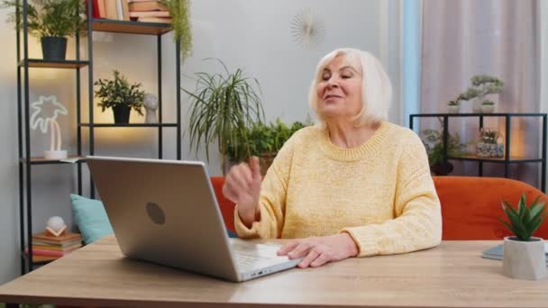 Senior Woman Making Video Webcam Conference Call Friends Family Waving — Stock video