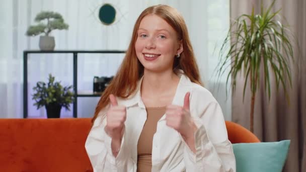 Happy Excited Teenager Girl Looking Approvingly Camera Showing Thumbs Sign — Stock Video
