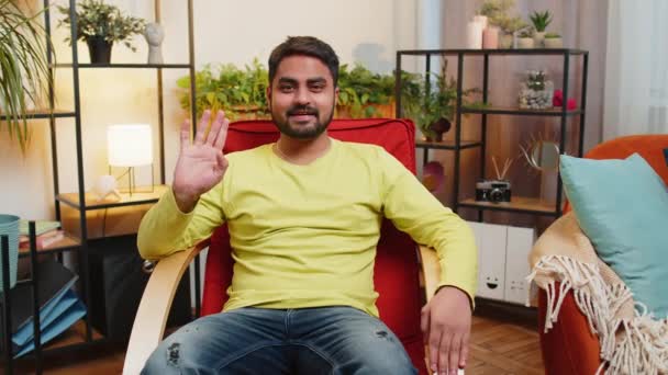 Hello Indian Handsome Man Smiling Friendly Camera Waving Hands Gesturing — Stock Video