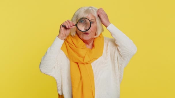 조사관 연구원 과학자 유리를 눈으로 카메라를 노란색 배경에 할머니 — 비디오