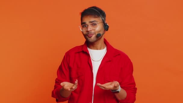 Indian Man Wearing Headset Freelance Worker Call Center Support Service — Stock Video