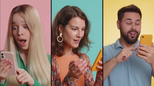 Colagem Pessoas Felizes Sorrindo Retratos Gênero Diversificado Diferentes Idades Homem — Vídeo de Stock