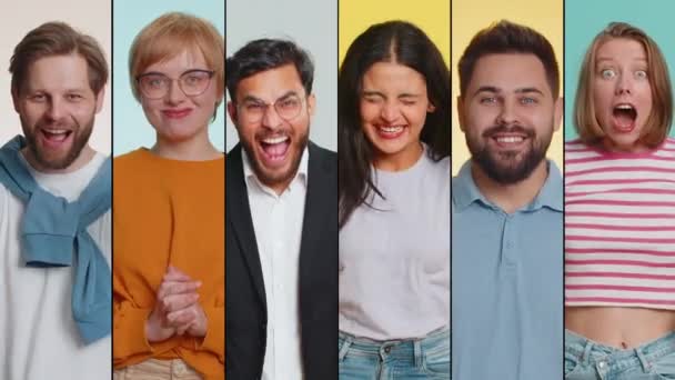 Коллаж Улыбающихся Счастливых Людей Мужчины Портреты Различных Полов Разных Возрастов — стоковое видео