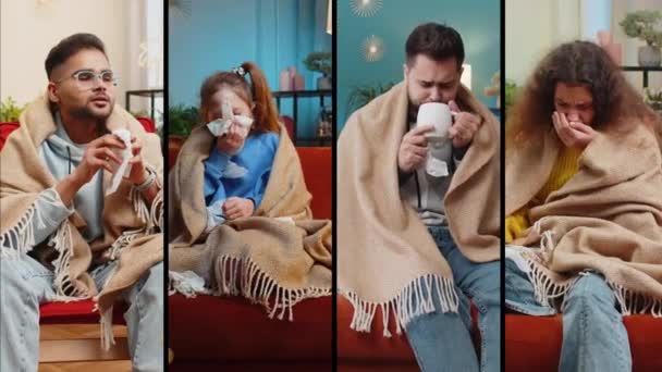 生病男女儿童的大学教育描绘了不同性别 不同年龄的族裔 患感冒或过敏的人 打喷嚏时鼻涕浸入餐巾纸 坐在家里房间里 Coronavirus大流行病 — 图库视频影像