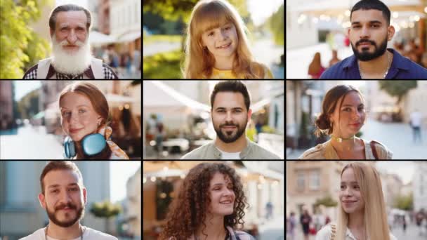 Collage Smilende Glade Mennesker Forskellige Køn Forskellige Kulturer Aldre Etnicitet – Stock-video