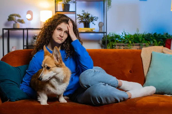 Upset lonely woman in casual clothes thinking about problems sitting on sofa in living room at home. Bored girl feeling bad annoyed burnout while looking away in apartment beside cute corgi dog