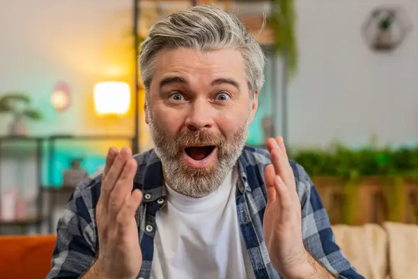 Wow emotion of bearded senior old man surprised looking at camera with big eyes shocked by sudden victory good win news, celebrating. Portrait of excited amazed mature old guy sitting on sofa at home