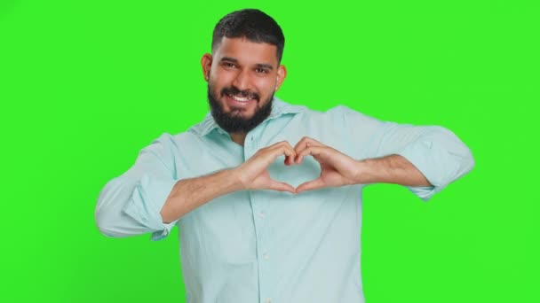 Man Love Smiling Attractive Indian Man Makes Heart Gesture Demonstrates — Stock Video