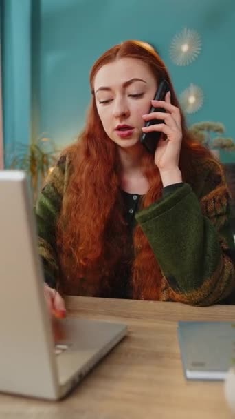 Redhead Woman Making Phone Call Conversation Client Colleague Friend Girl — Stock Video