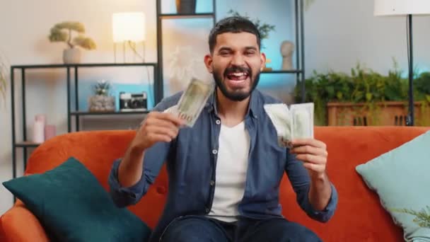 Succesvolle Rijke Indiase Man Met Zwaaiende Dollar Biljet Geld Fan — Stockvideo