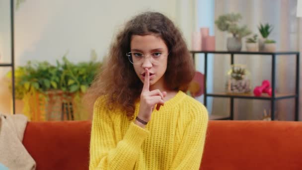 Shh Quiet Please Child Girl Presses Index Finger Lips Makes — Stock Video