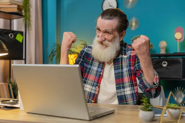 Happy senior man at home office with laptop scream in delight raise hands in triumph winner gesture celebrate success win money in lottery. Excited elderly mature grandfather get online good news.