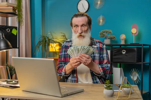 Happy senior man holding fan of cash money dollar banknotes showing thumbs up, celebrate, success career, online income, wealth at home office. Remote distant working. Excited grandpa enjoying success