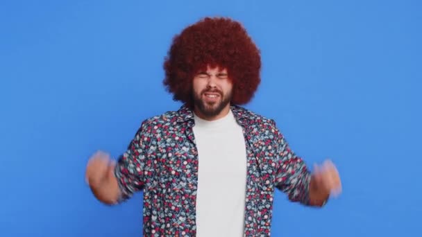 Irritated Frustrated Man Afro Hairstyle Wig Screams Stress Tension Problems — Stock Video