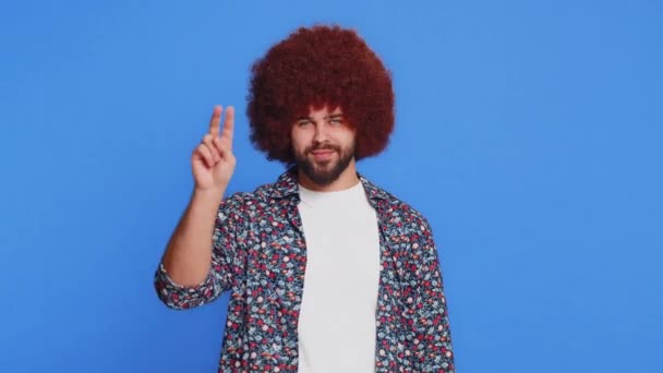Happy Caucasian Man Showing Victory Sign Hoping Success Win Doing — Stock Video