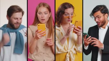 Gülümseyen mutlu insanların kolajı farklı cinsiyetleri, farklı kültürleri, yaşları, etnik kökenleri resmediyor. Erkekler cep telefonu kullanıyor. Kutlama yapıyorlar. Haberler iyi, piyango oyunu büyük ikramiyesi.