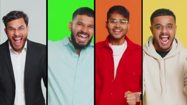笑顔の幸せな人々のコラージュ インドのアラビアの男性は 成功の勝利を祝う20 25歳を肖像画 誕生日宝くじジャックポットの達成は カラーバックグラウンドで良い良いニュースをプレイ — ストック動画