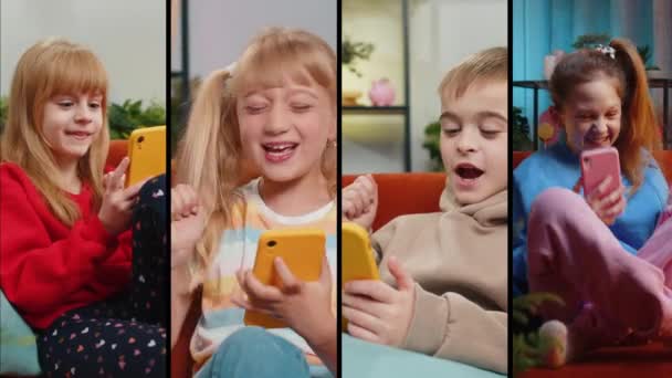 笑顔の幸せな人々のコラージュ 子供の少女の少年は多様な性別を描いています ティーン子供の子供は モバイルスマートフォンを使用して 良いメッセージニュースを獲得し 自宅のアパートで宝くじゲームジャックポットの勝利をプレイします — ストック動画