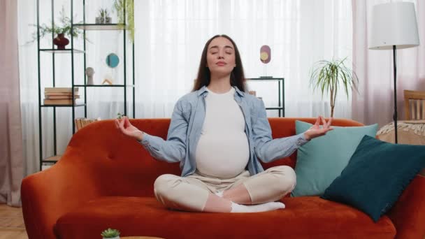 Spokojny Ciąży Urocza Kobieta Siedzi Pozycji Lotosu Podczas Medytacji Wygodnej — Wideo stockowe