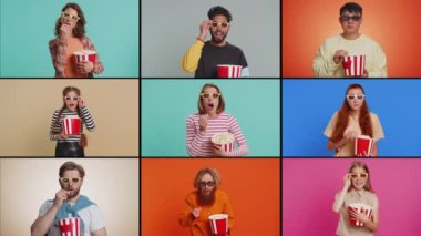 Mutlu insanların kolajı erkeklerin 3 boyutlu gözlüklerle portreleri patlamış mısır yiyorlar ilginç TV dizileri, spor oyunları, sinema filmleri, renkli arka planda izole edilmiş çevrimiçi sosyal medya içeriği izliyorlar.