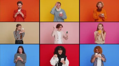 Gülümseyen mutlu insanların kolajı çeşitli cinsiyetleri, farklı yaşları, etnik kökenleri resmediyor. Erkekler cep telefonuyla kutlama yapıyorlar. İyi haber piyango oyunu kazandılar. Renkli arka planda büyük ikramiye.