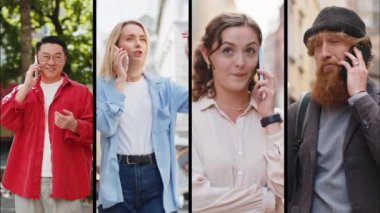 Mutlu insanların, erkek turistlerin uzaktan iletişim kuran kadın turistlerin kolajı. Akıllı telefondan arkadaşlarıyla iletişim kuran, telefonla konuşan, beklenmedik iyi haber dedikoduları yapan şehir caddesinde yürüyen kadın turistler.