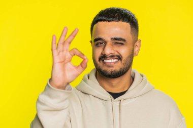 - Tamam. Mutlu Hintli adam onaylayıcı bir şekilde kameraya bakıyor, iyi bir jest yapıyor, olumlu geri bildirim yapıyor, zaferi kutlamak için göz kırpma flörtünü onaylıyor. Sarı arka plandaki Hintli adam.