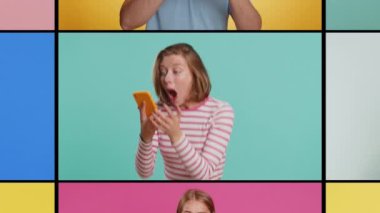 Gülümseyen mutlu insanların kolajı çeşitli cinsiyetleri, farklı yaşları, etnik kökenleri resmediyor. Erkekler cep telefonuyla kutlama yapar. İyi haber kazanır, piyango ikramiyesi kazanır. Uzaklaştırma efekti