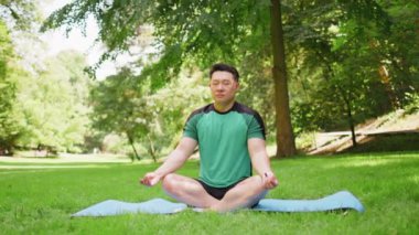 Lotus pozisyonunda oturan genç Asyalı yaz günü şehir parkında dinleniyor. Sportif Japon adam yoga meditasyonu yapıyor, pozitif enerji alıyor, sağlıklı yaşam tarzı var. Aktif Sporcu.