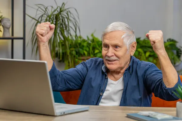 stock image Overjoyed senior man at home couch with laptop scream in delight raise hands in triumph winner gesture celebrate success win money in lottery. Excited elderly mature grandfather get online good news