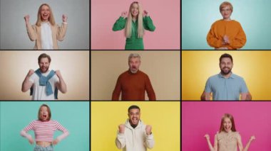 Gülümseyen mutlu insanların kolajı kadın portresi çeşitli cinsiyetler, farklı yaşlar, etnik köken başarıyı kutlayan zafer, doğum günü, piyango ikramiyesi başarısı, oyun oyunu, iyi haber