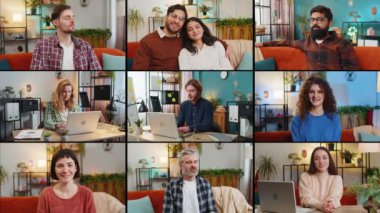 Mutlu insanların kolajı kadın portreleri kameraya bakar ve evde gülümser çekici bir görünüm sergilerler iyi haberlerden memnun olurlar, oturma odasında mutlu bir ifade düşünürler..