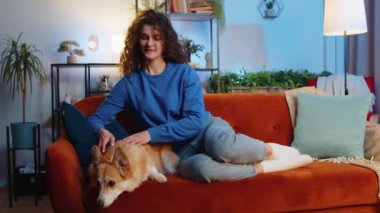 Kıvırcık saçlı mutlu genç bir kadın evdeki oturma odasında rahat bir kanepede dinlenen sevimli bir Corgi köpeğini okşuyor. Güzel bayan, evde evcil köpekle vakit geçiriyor.