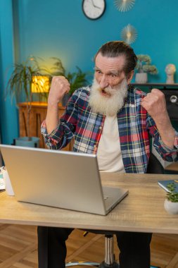 Ev ofisteki son sınıf öğrencisi sevinçle bağırıyor zafer jesti olarak ellerini kaldırıyor başarıyı kutluyor piyangodan para kazanıyor. Heyecanlı yaşlı büyükbaba internetten iyi haberler alıyor. Dikey