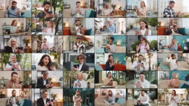 Farklı cinsiyetlerden, farklı yaşlardan, etnik kökenlerden oluşan mutlu ve heyecanlı bir grup kolajı. Erkekler cep telefonlarını zaferi kutlamak için kullanır İyi haber piyango piyango uygulaması oyunu