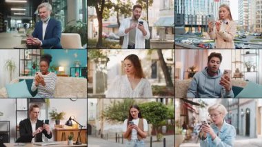 Üzüntülü insanların kolajı. Kadınlar farklı yaşlarda farklı etnik kökenlere sahipler. Akıllı telefon daktilo ile bakıyorlar, şaşırıyorlar.