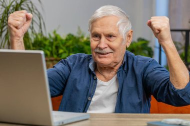 Memleketteki kanepede dizüstü bilgisayar çığlığı atan mutlu yaşlı adam zafer jesti olarak ellerini kaldır ve başarıyı kutla piyangodan para kazan. Heyecanlı yaşlı büyükbaba internetten iyi haberler alıyor.