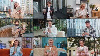 Mutlu zengin erkek kolajı akıllı telefon tutan kadınlar dolar sayarken mobil uygulama, hızlı işlem, kazanç, maaş, tasarruf